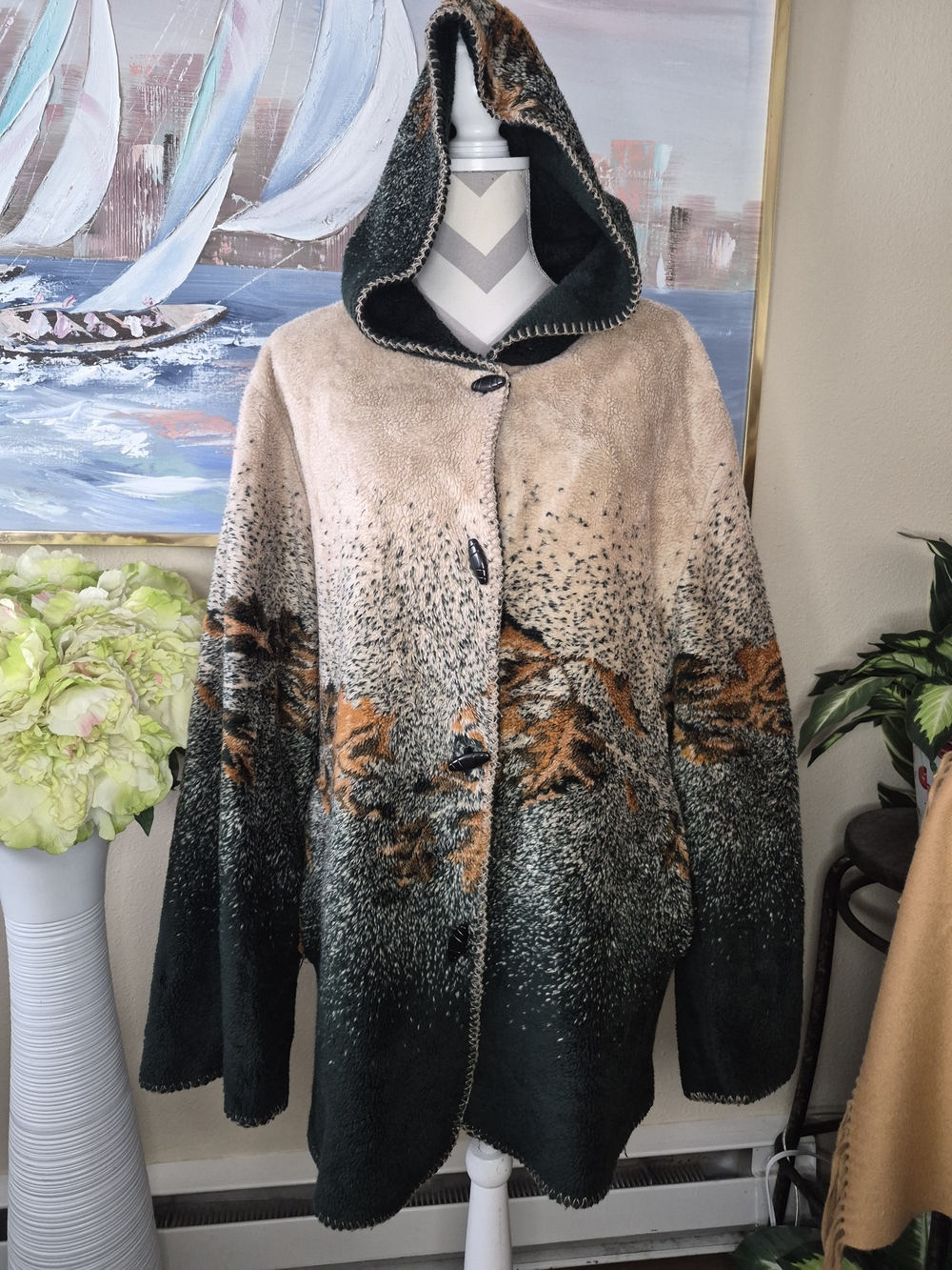 White Stag Hooded Gradient Teddy Coat in Beige, Green & Brown
